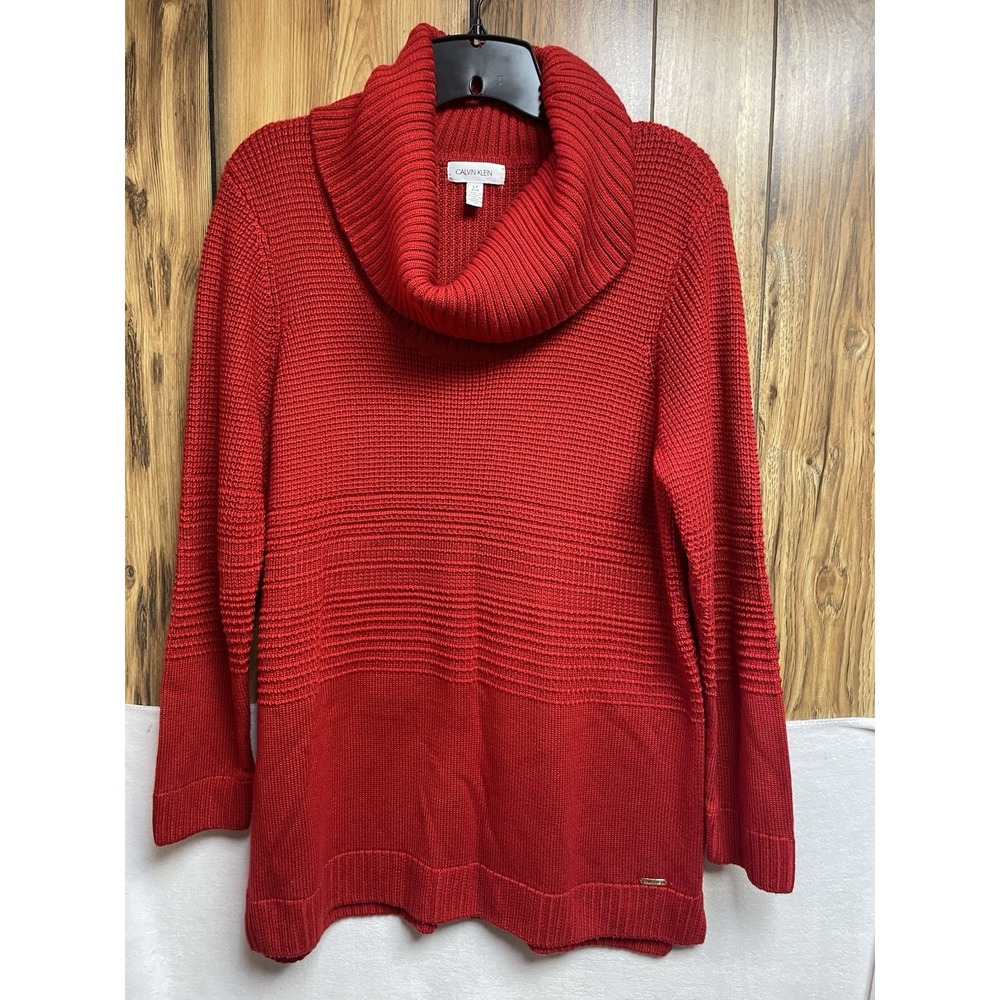 Calvin Klein Womens Sweater Red Long Sleeve Cowl Neck Large Baggy Knit Gold Tag‎